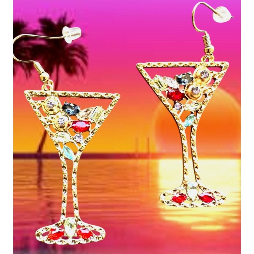 Cocktail Drink Earrings Martini Rhinestones Cruise Beach Island Vacation New